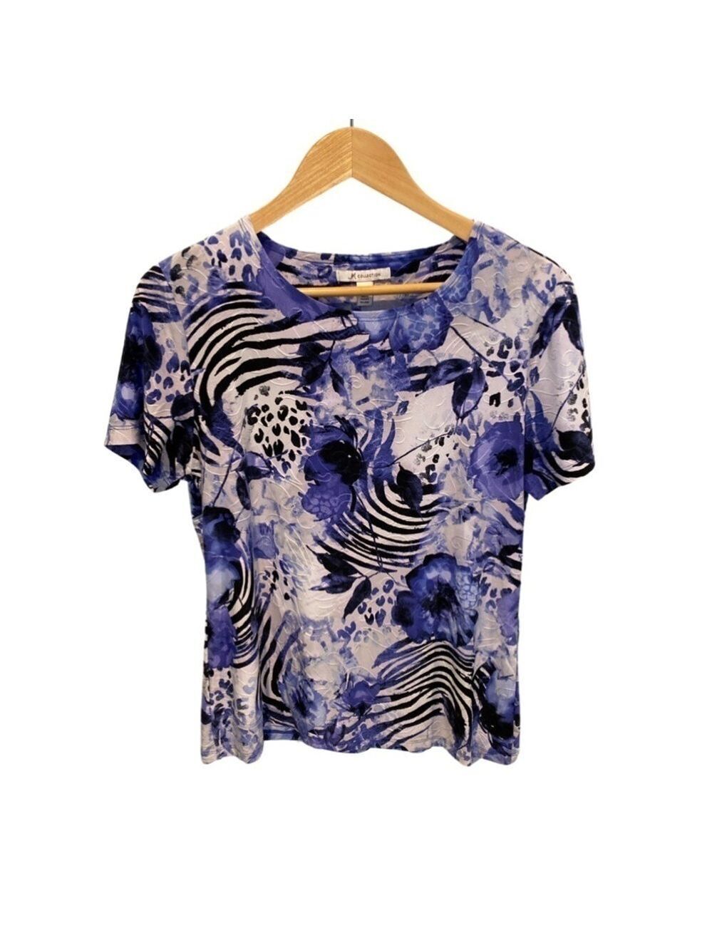 JM Collection Blue Floral Crew Neck Short Sleeve Blouse Top Size M
